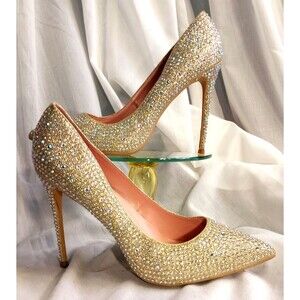 Elisabeth Lang Pointed Toe High Heel Gold Rhinestone Heels • Size 12